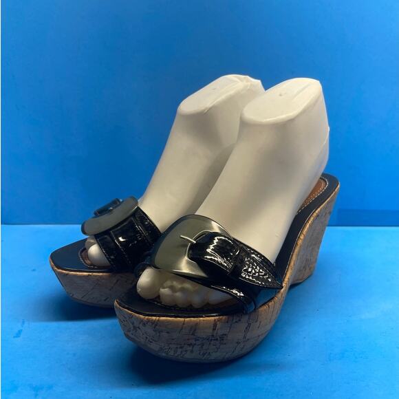 Francesco Morichetti Cork Wedge Black Leather Sandals Size 38 US 6 6.5 - Picture 1 of 12